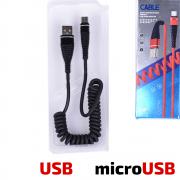 USB - Micro USB кабел, високоскоростен, спиралa, черен, 1.2 метра
