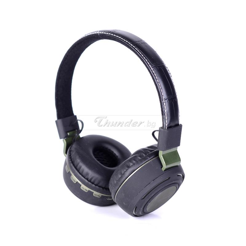 Безжични слушалки AZ-11 , Bluetooth, MP3 плеър, FM радио, micro SD вход, вграден микрофон, Черен / Зелен