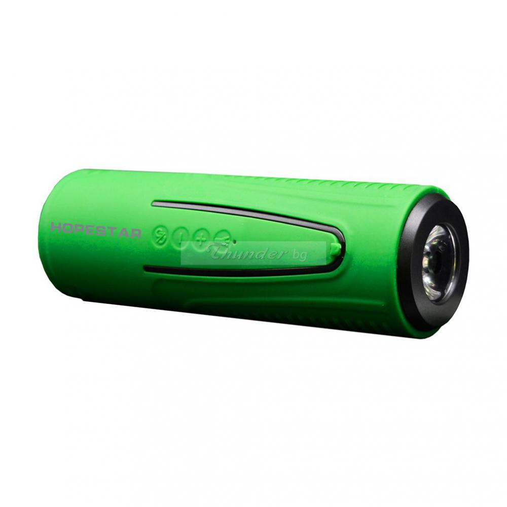 3-in-1 Bluetooth колонка HOPESTAR P3 + LED фенер + Power Bank, стойка за колело, влагозащитена, USB/micro SD card/AUX, FM радио, литиево-йонна батерия, зелена