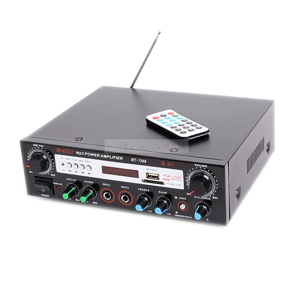 Усилвател TELI BT-7388 USB/ BT, FM радио Bluetooth, 2x40W, 2микрофонни входа, цифров дисплей, дистанционно